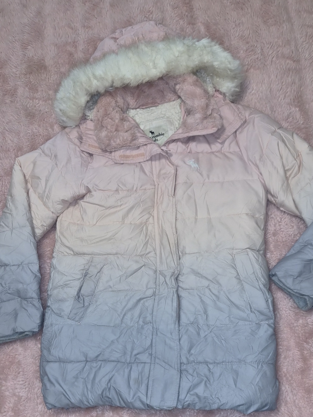 abercrombie kids Pink to Gray Ombre Puffer Jacket with Faux-Fur Hood